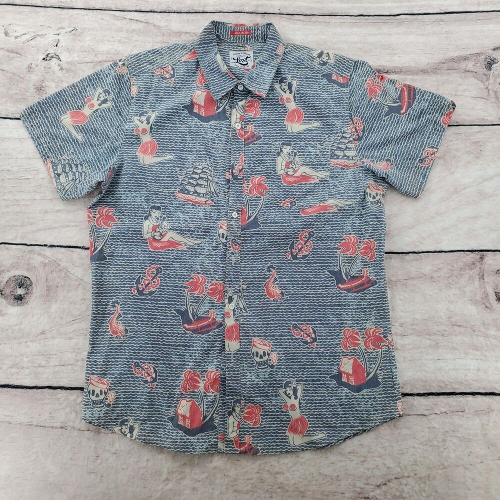 Lost Mens XL Shirt Wahines Palm Skulls Anchors Hawaiian Vtg 1940s Pin Up Girls